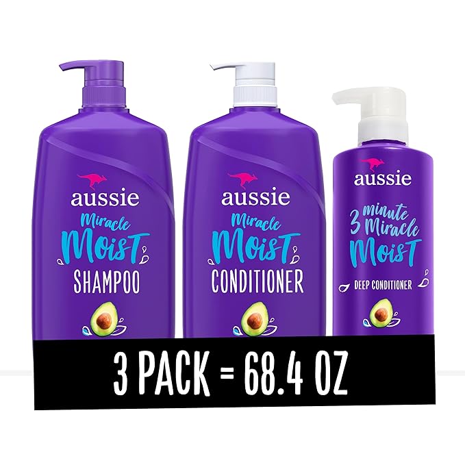 Aussie Miracle Moist Shampoo, and 3 Minute Miracle Deep Conditioner Hair Treatment Bundle, Infused with Avocado &amp; Australian Jojoba Oil, Paraben Free, White, Citrus, 3 Piece Set