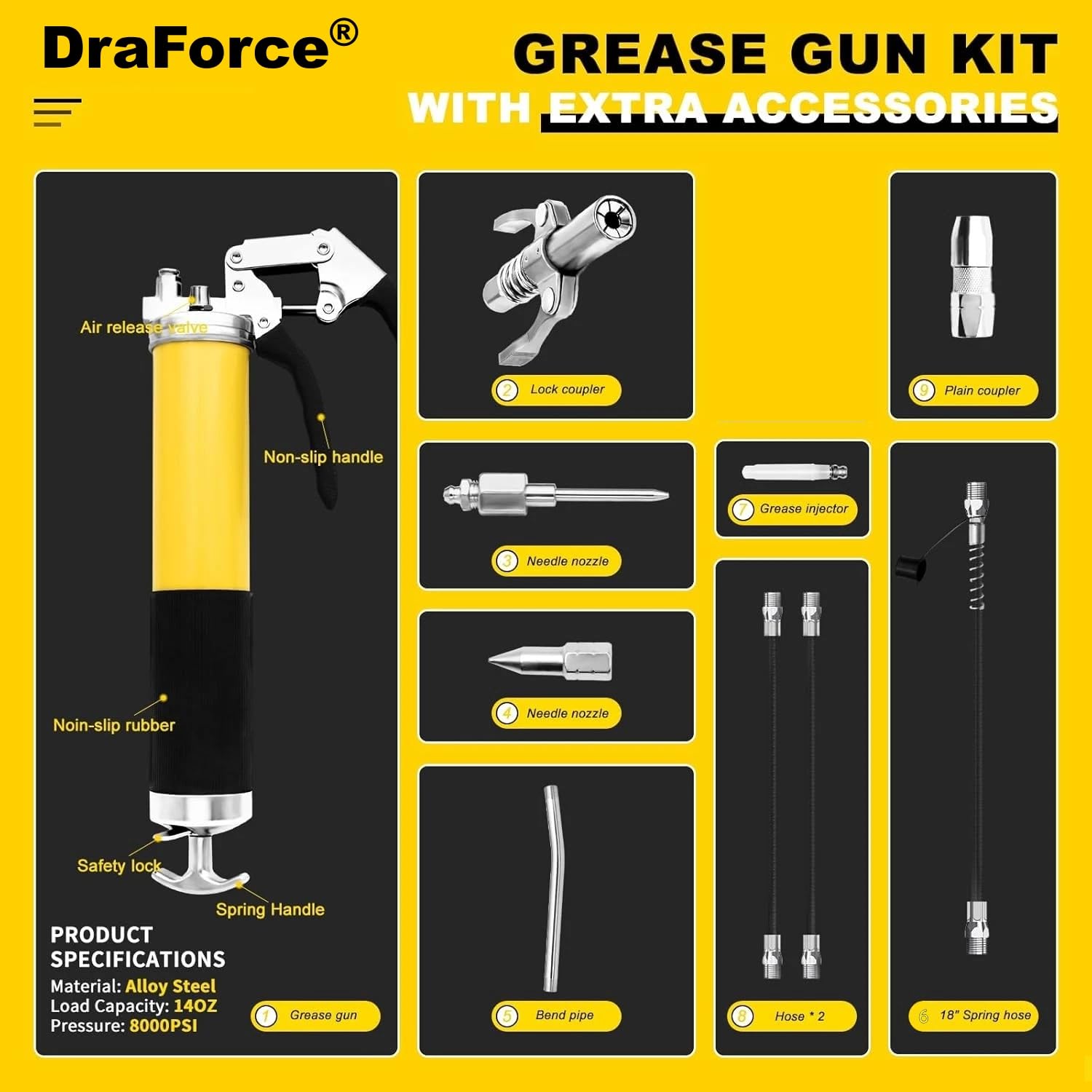 The draforce 400cc Heavy Duty Yellow Pistol Grip Grease Gun Kit provides ample pressure and useful accessories for lubrication tasks.