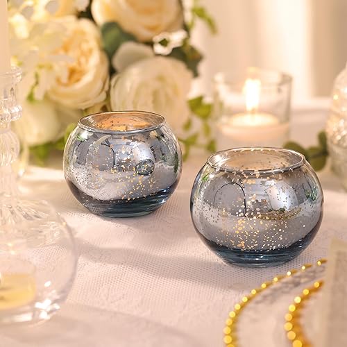 Miniatura 6 de 10 portavelas votivas azules, tamaño más grande de 2.36 x 3.15 pulgadas, portavelas redondo de vidrio de mercurio, portavelas azules para