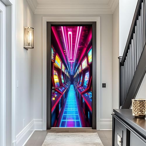 Miniatura 1 de Calcomanías para puerta, murales 3D, neón, retro, arcade, 80, máquinas de arcade, luces de neón, diseño retro, murales, papel tapiz autoadhesivo