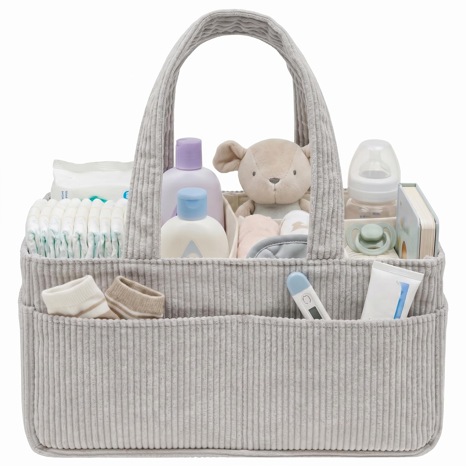 QINGLANG Baby Nappy Caddy Organiser Portable Baby Wipes Bag Diaper Caddy Felt Nursery Storage Baskets Newborn Essentials Gifts with Changing Caddy Compartments Newborn Shower Gift Tote Bag (Grey)