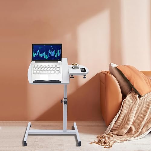 Miniatura 9 de Escritorio móvil de pie de altura ajustable, carrito de escritorio para laptop, estación de trabajo con ruedas y mesa inclinable, mesita de noche de