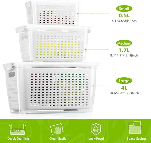 Miniatura 7 de LUXEAR Contenedores para productos para refrigerador, juego de 3 recipientes de frutas con colador extraíble, recipientes sin BPA con tapas, aptos