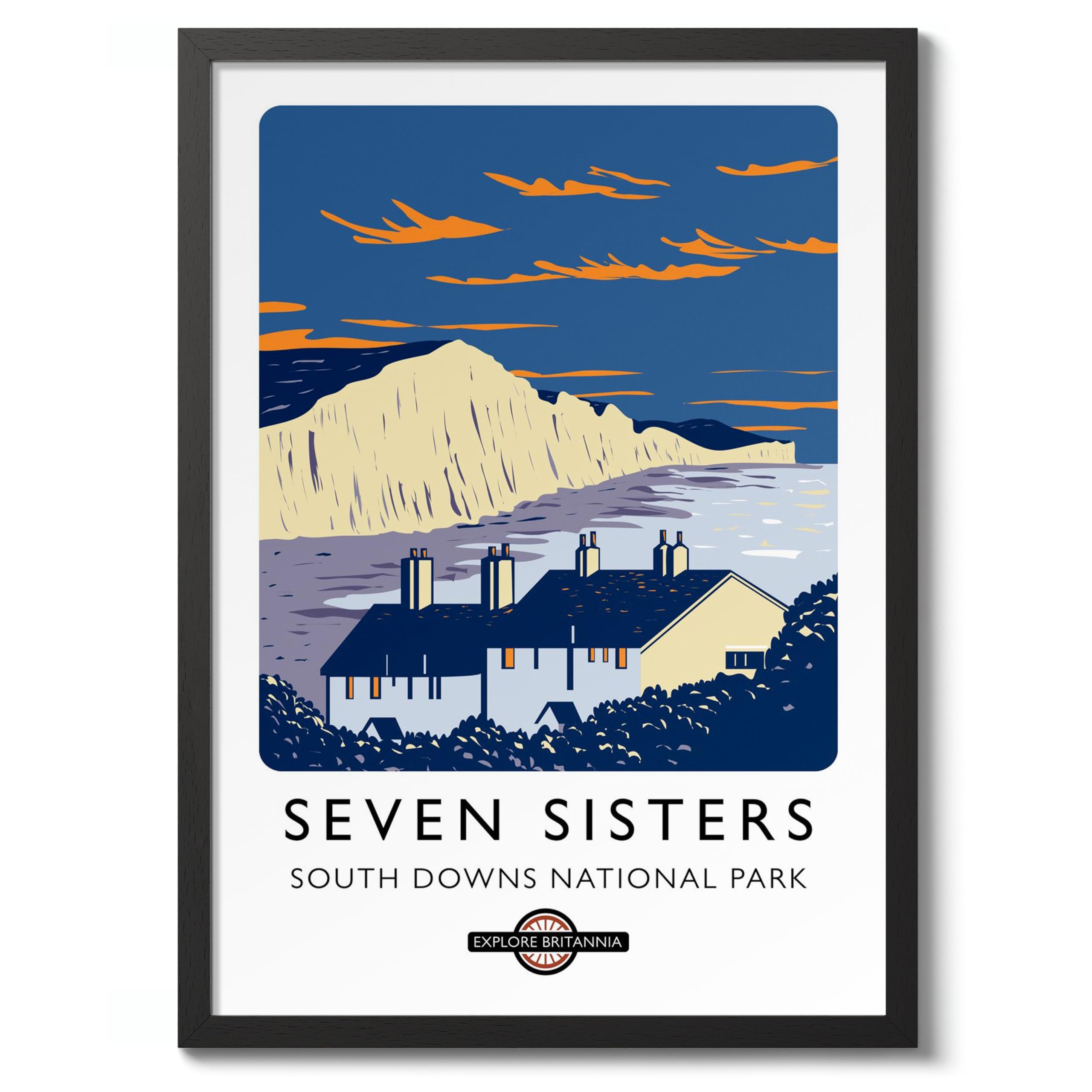 Seven Sisters, South Downs National Park England Travel Poster, Explore Britain Modern Illustration Destination Print, Modern British UK Living Room Decor, A2 (Black Frame) - 62.5x45.1cm — image 1