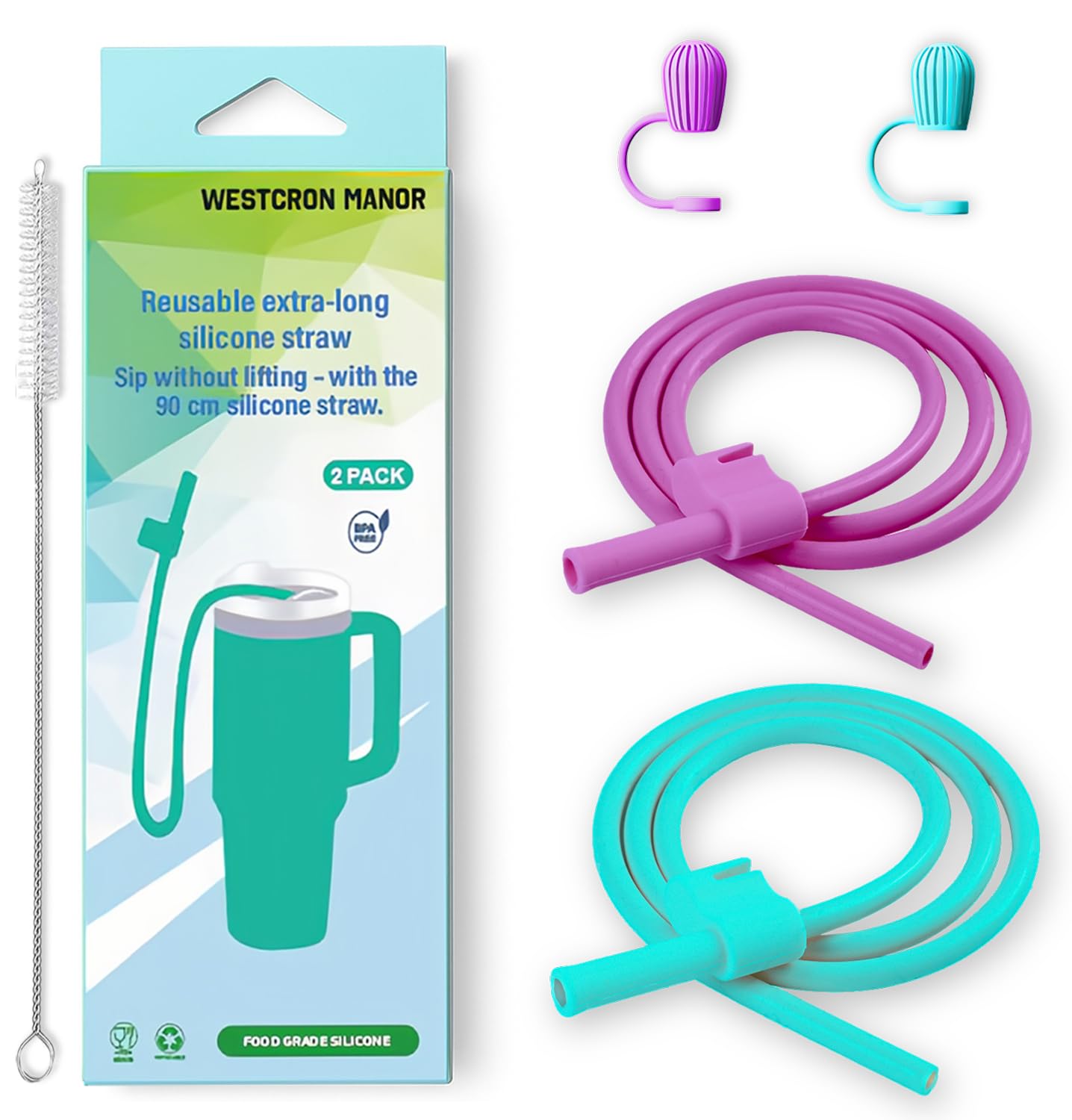 Extra Long 90cm Stanley Straw, Soft, Flexible and Adjustable. Food-Grade Silicone, Reusable with Cover Stanley Cup Accessories for 40 & 30 oz Tumblers, Ideal for Bedridden, Driving (Blue&Purple)