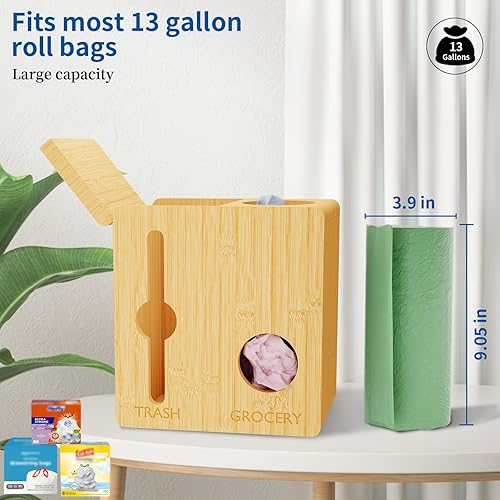 Miniatura 3 de Giklux Soporte de rollo dispensador de bolsas de basura gruesa, soporte para bolsas de bambú, organizador de montaje en pared, para bolsas de basura