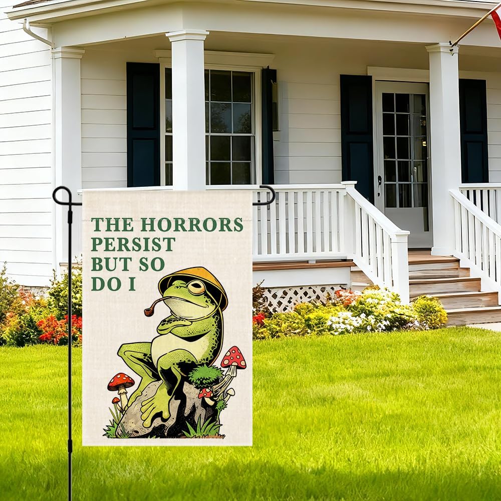 RZHV The Horrors Persist But So Do I Double-Sided Garden Flag for Outdoor House Yard Sign Garden Decor Parade, Funny Frog Social Justice Yard Sign, Motivational House Patio Outdoor Banner - Image 6