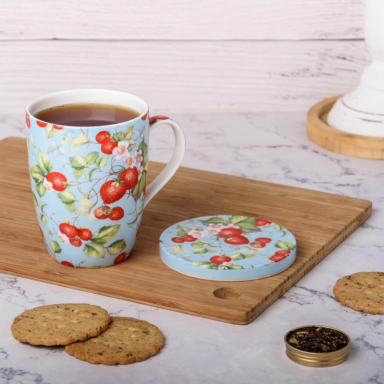 McIntosh Strawberries Forever Fine Bone China Tea Mug with Lid & Infuser (15oz)