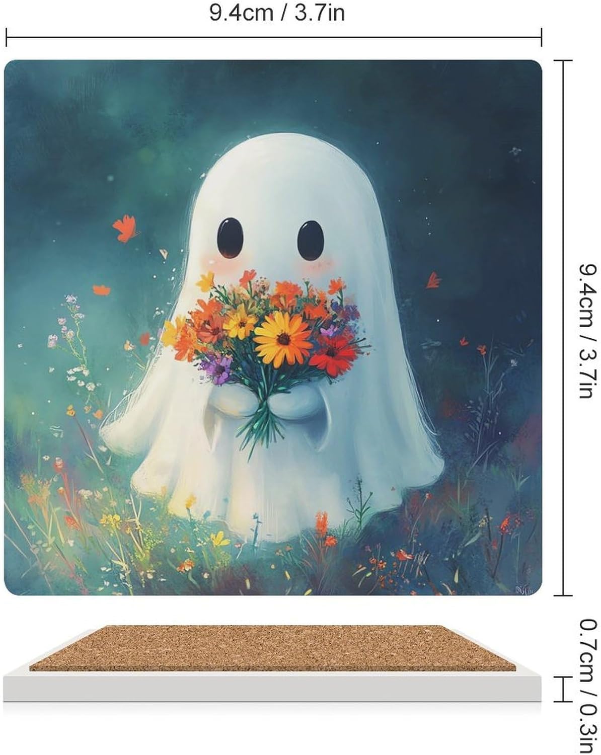 Ghost Flowers Ceramic Coasters Set Square Drink Coasters Table Coaster for Kitchen Desktop Decor