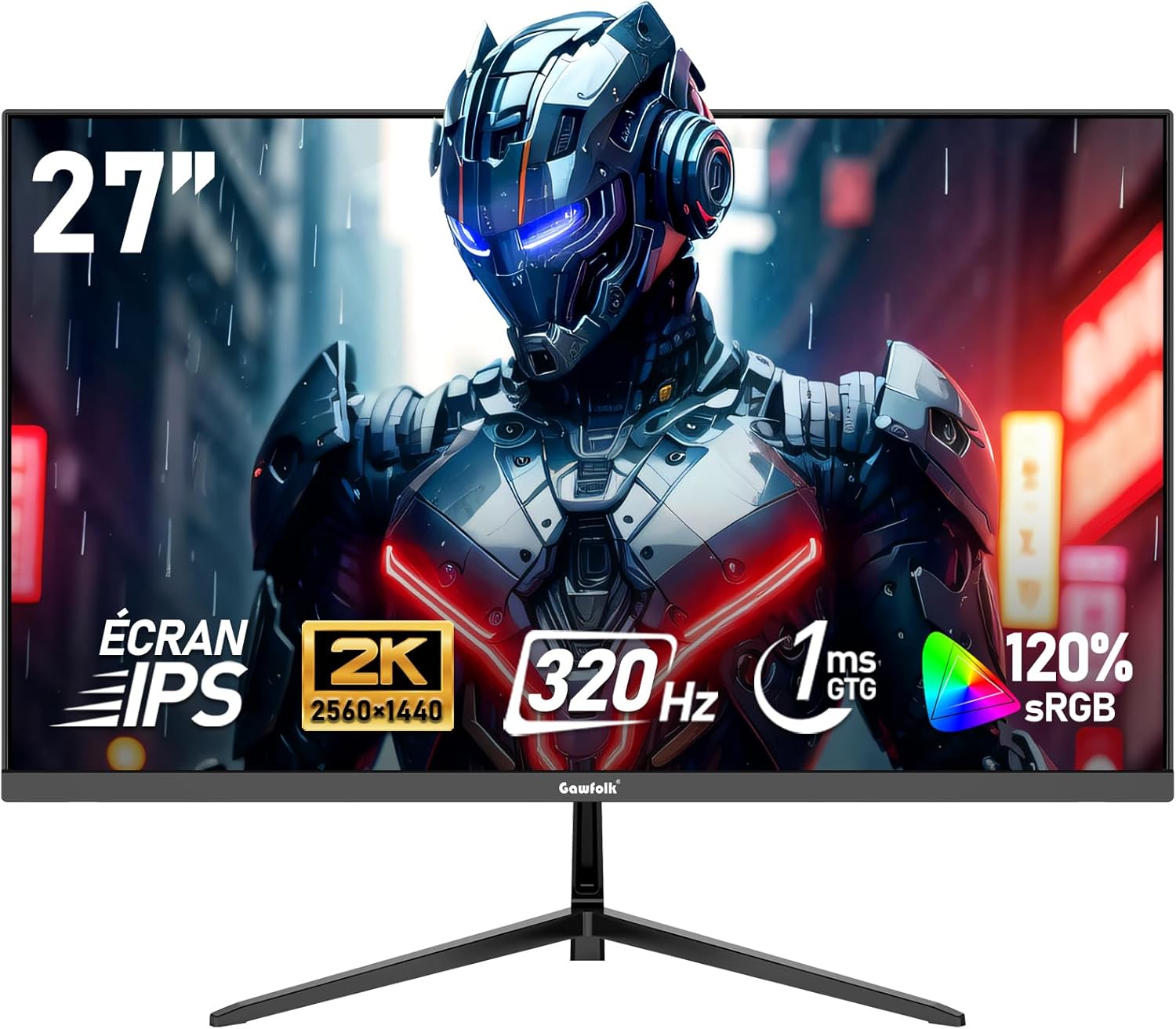 Gawfolk Écran PC IPS 27 Pouces, 2K WQHD (2560×1440P), 320Hz Moniteur Gaming, 1ms Bezel-Less, 120% sRGB, 178° Grand Angle, HDMI, DisplayPort, Compatible avec Les Fixations murales VESA75*75MM - Noir