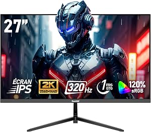 Gawfolk Écran PC IPS 27 Pouces, 2K WQHD (2560×1440P), 320Hz Moniteur Gaming, 1ms Bezel-Less, 120% sRGB, 178° Grand Angle, HDMI, DisplayPort, Compatible avec Les Fixations murales VESA75*75MM – Noir