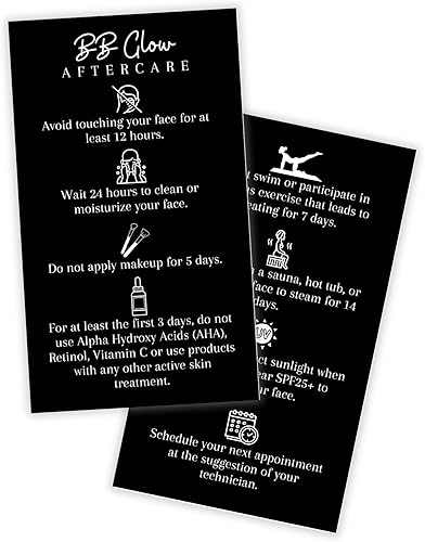 BB Glow Tarjetas de cuidado posterior, paquete de 50, tamaño de tarjeta de visita de 2 x 3.5 pulgadas, microneedled BB Glow negro con diseño blanco