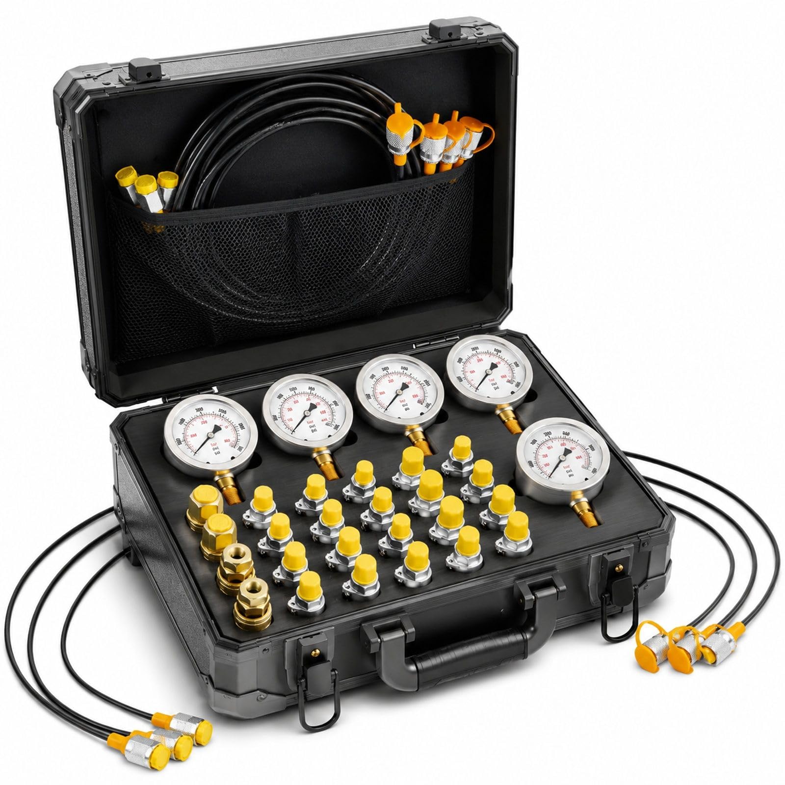 Hydraulik Druckpruefset mit 5 digitalen Manometern, 20 Anschluessen, 4 Schnellkupplungen und 3 Schlaeuchen fuer Bagger und Baumaschinen