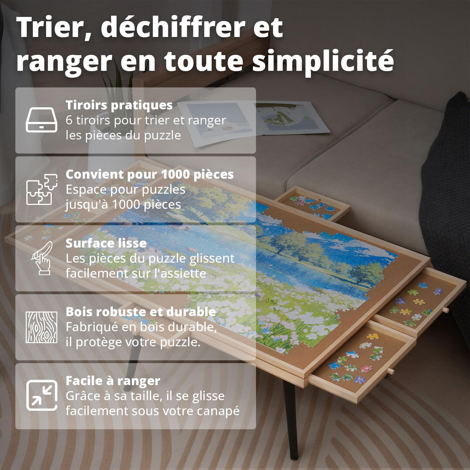 Plateau Puzzle Bois FLINQ 76x56 Cm – 6 Tiroirs De Tri, Couvercle, Pour Puzzles 1000 Pièces, Rangement Pratique