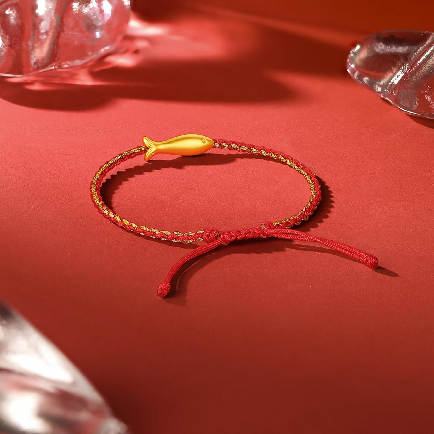 24K Solid Gold Bracelet Goldfish Charm Red Bracelet for Women Mom Daughter Trendy Jewelry A1712895