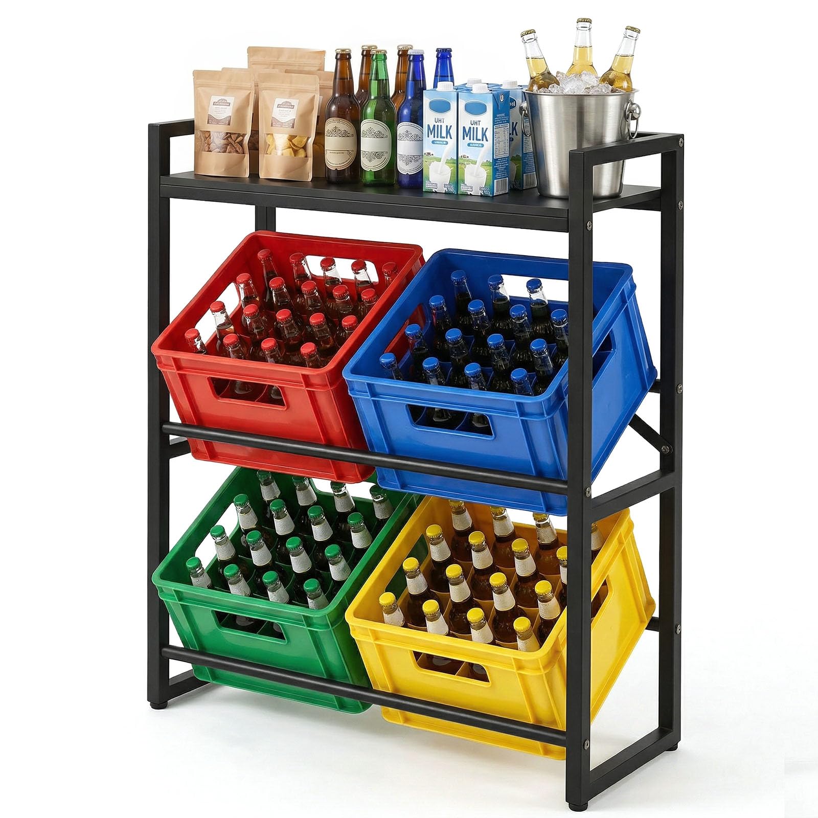 Treeboy Black Meatal Beverage Crate Shelf Storage Rack For 4 Beverage Crates In For Beer,Fruit,Vegetables-Sturdy Drinks Crate Rack 270 Kg Load Capacity For Kitchen, Storage Room