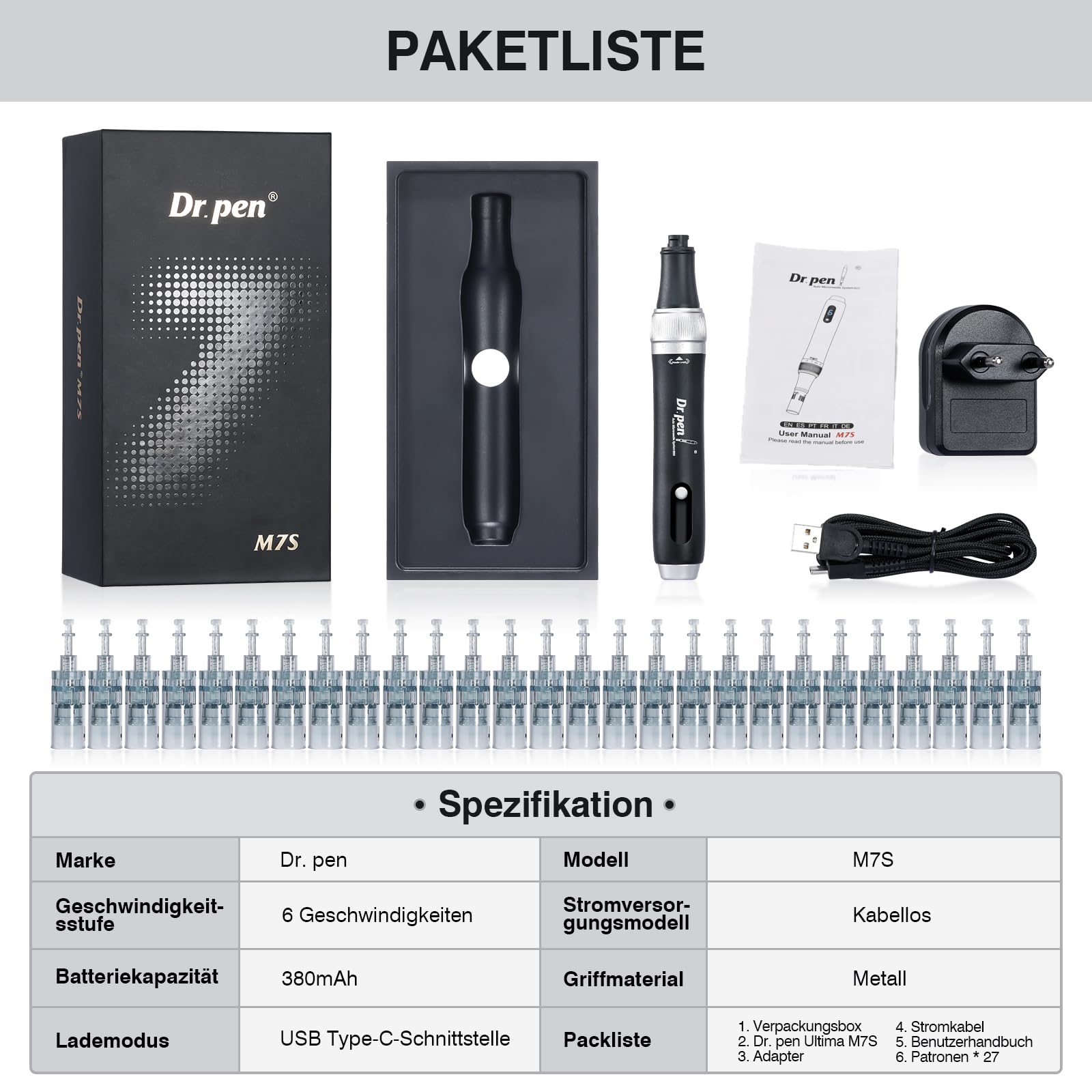Dr. pen Ultima M7S Microneedling Pen Drahtlose Anti-Falten mit 27 Ersatzkartuschen 9 Typen Cartridges