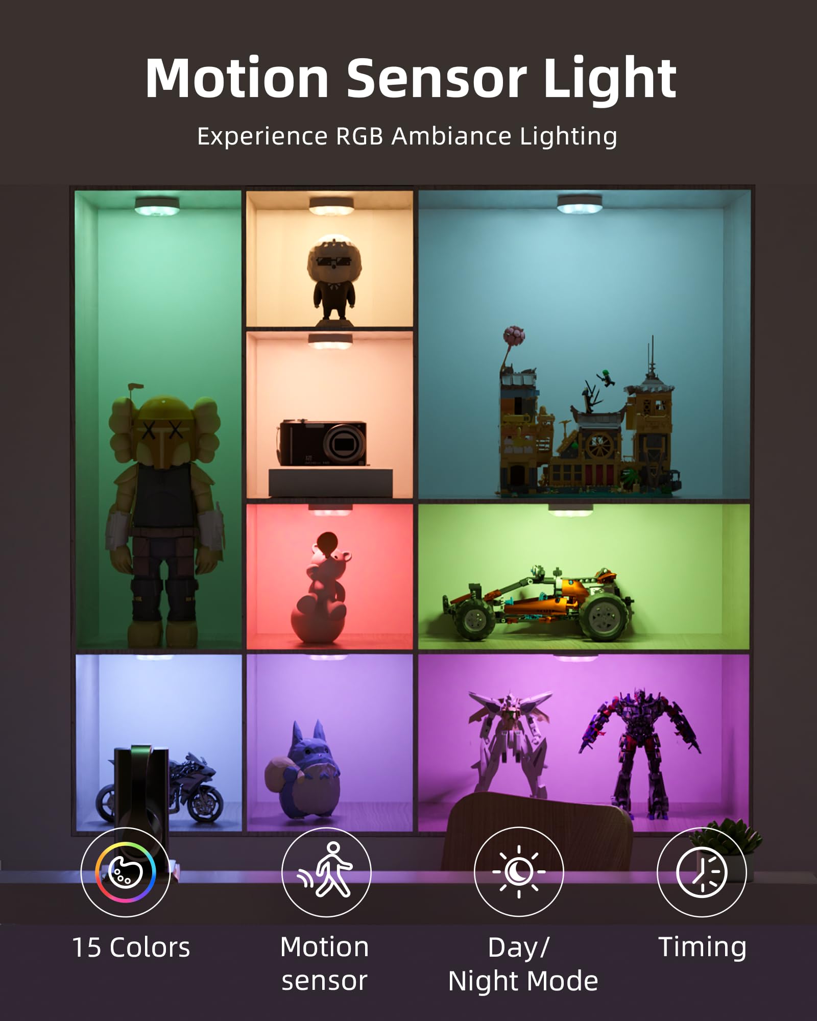 EZVALO Under Cabinet Lighting, 15 Colors Rechargeable Puck Lights,1000mAh Motion Sensor Night Light, Puck Lights with Remote,Stick on Lights for Kitchen,Wardrobe Closet,Bedroom,Counter(3 Pcs)