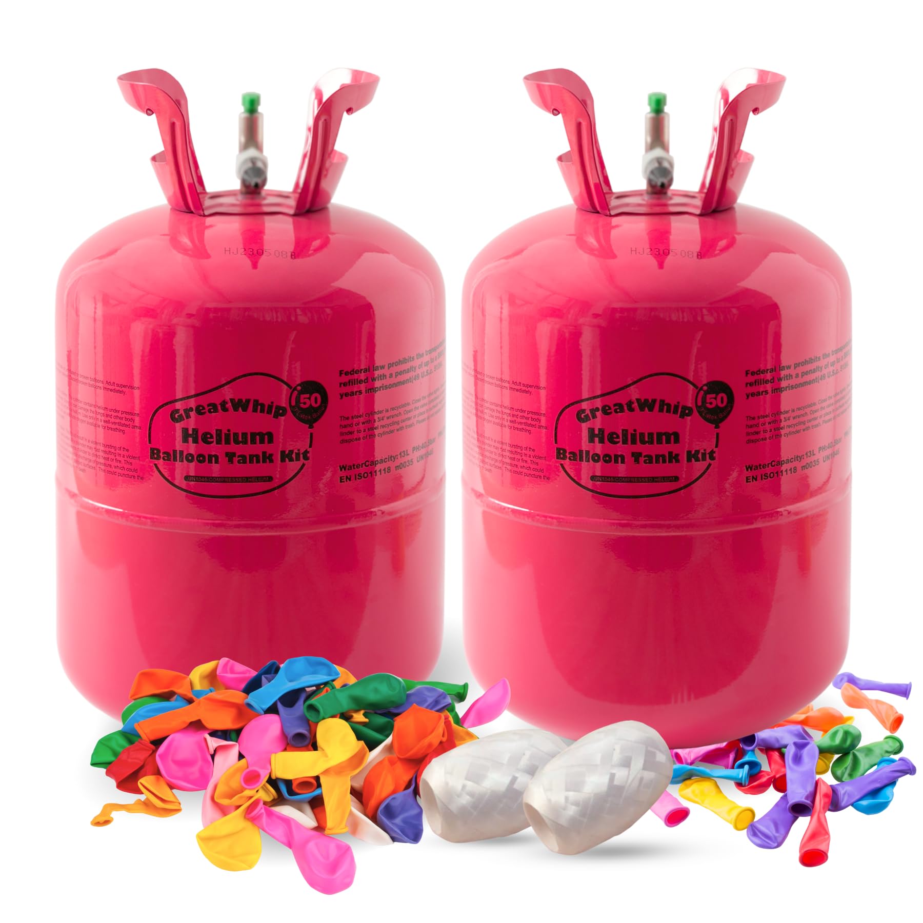 GreatWhip 13L Helium Tank Up To 50 Latex Balloons, 50 Pink Latex Balloons And Ribbons Included. (2 Boxes)