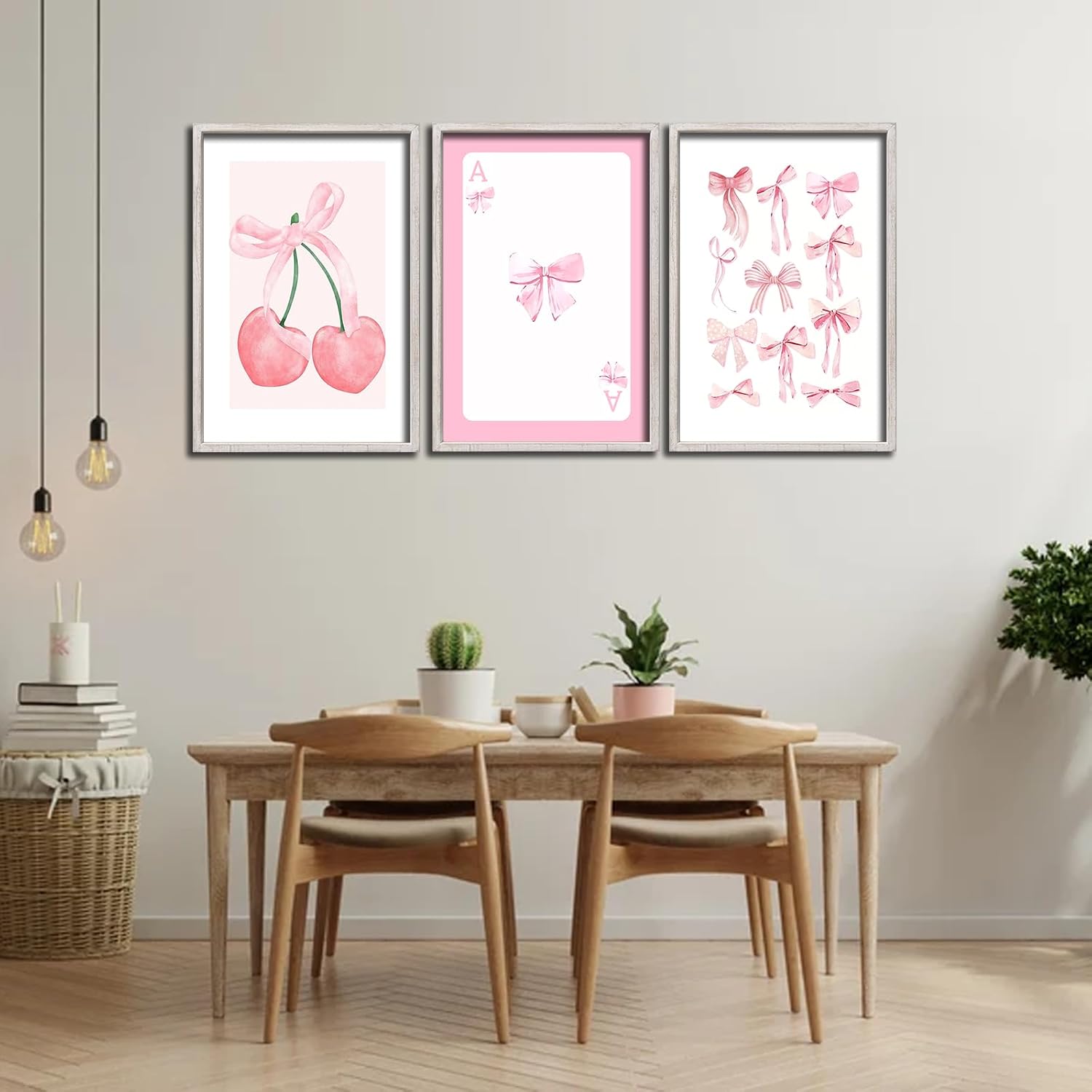 flowtorely Set Of 3 Trendy Pink Bows Poster Wall Art 16x11 Inch Girly Preppy Room Watercolor Aesthetic Wood Frame Sign For College Apartment Cherry Heart Poker Prints Girls Bedroom Hang Decor (White) 11"X16" White