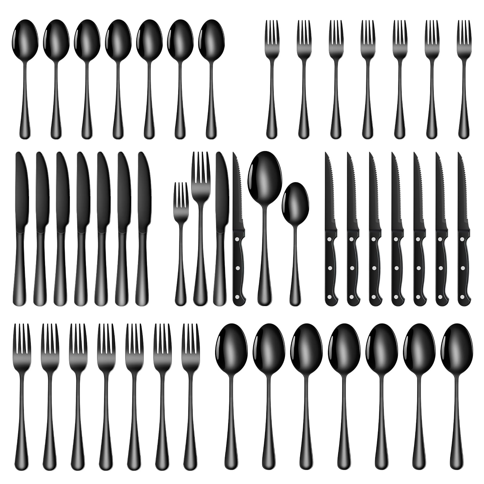 TAN REN Cuberteria negra para 8 personas, Juego de cubiertos de acero inoxidable de 48 piezas(Negro), incluye cuchillo, tenedor, cuchara, cuchillo de carne, pulido espejo, apto para lavavajillas