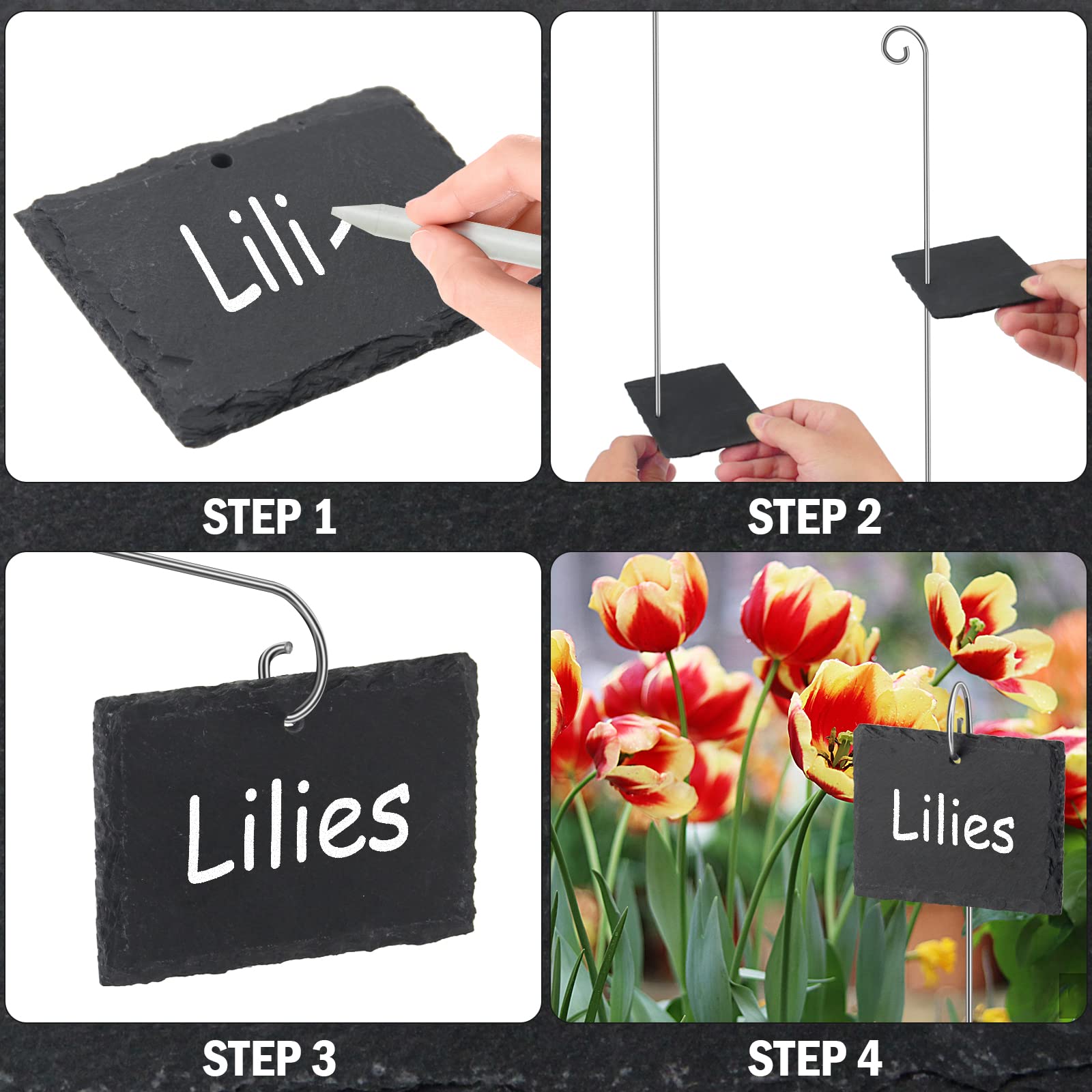 Poeland Lot de 10 plaques en ardoise pour plantes, résistantes aux intempéries, réutilisables, avec tige en métal