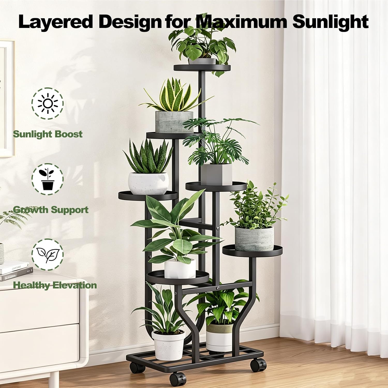 Plant Stand with Wheels, Black 6 Tier Metal Plant Shelf for Indoor Outdoor image 4