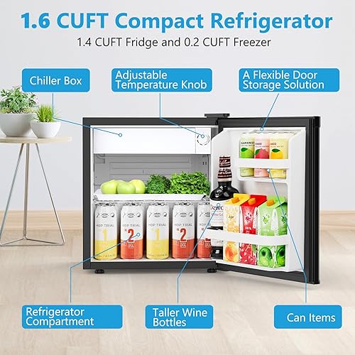 Miniatura 2 de Mini refrigerador de 1.6 pies cúbicos con congelador, refrigerador compacto de una sola puerta reversible, termostato ajustable, ultra silencioso,