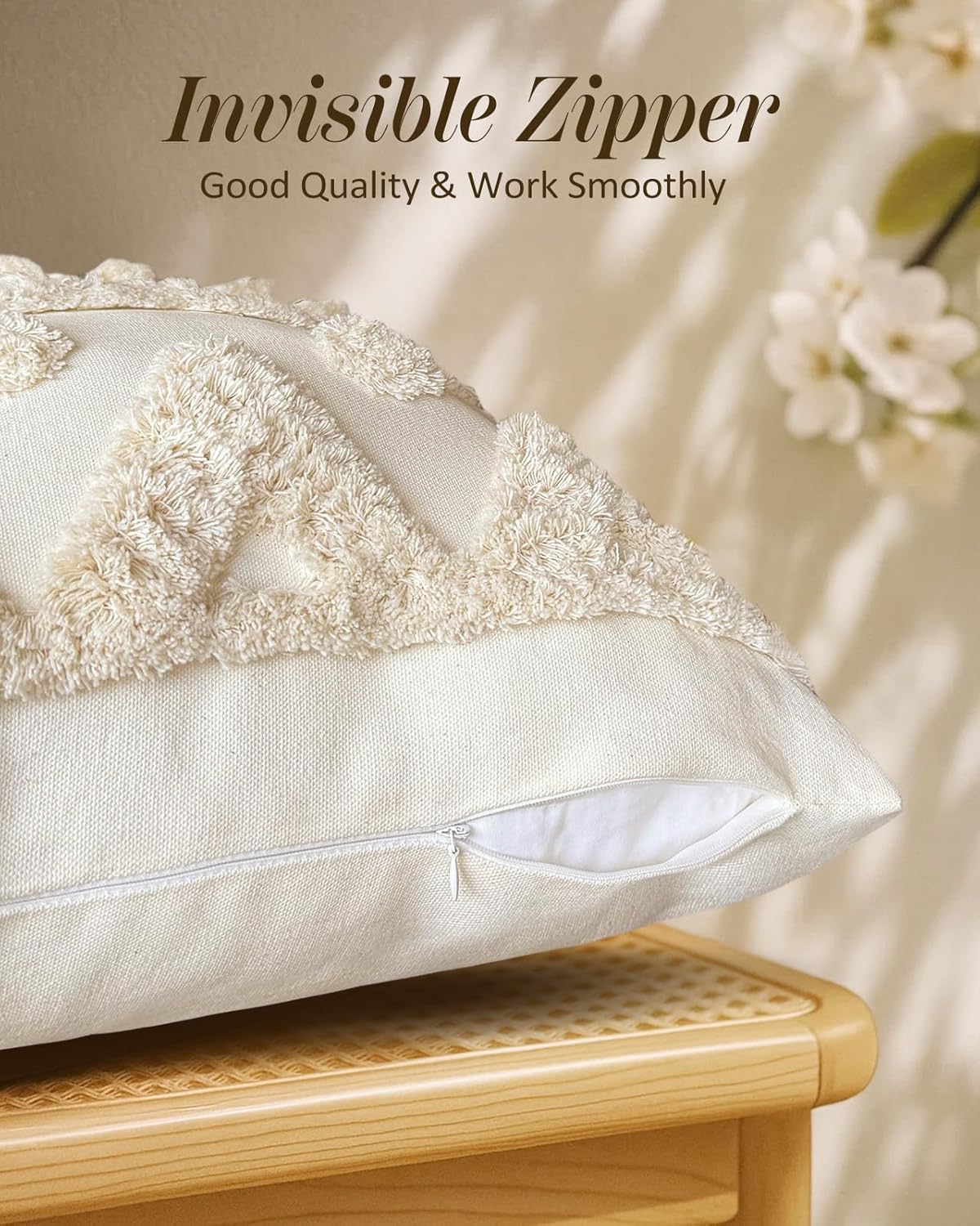 Throw Pillow Covers 18x18 - Tufted Boho Decorative Pillow Cover with Zipper for Couch Sofa Bed Living Room Aesthetic Soft Farmhouse Textured Striped Indoor Pillowcase, Cream Tassel - Image 3