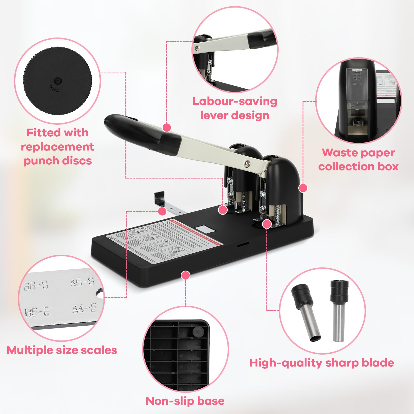 Robuster 2-Loch-Stanzer für Ordner mit ergonomischem Design, stanzt bis zu 150 Blatt Papier für Schulen, Druckgeschäfte und Unternehmen, arbeitssparender Griff