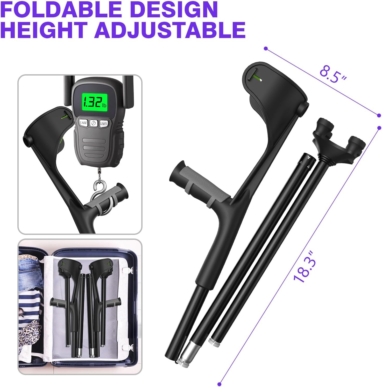 Forearm Crutches (One Pair) for Adults, Folding Forearm Crutches Adults Lightweight Height-Adjustable, Open Cuff, Aluminium with Rubber Ergonomic Handles