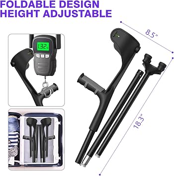 Forearm Crutches (One Pair) for Adults, Folding Forearm Crutches Adults Lightweight Height-Adjustable, Open Cuff, Aluminium with Rubber Ergonomic Handles