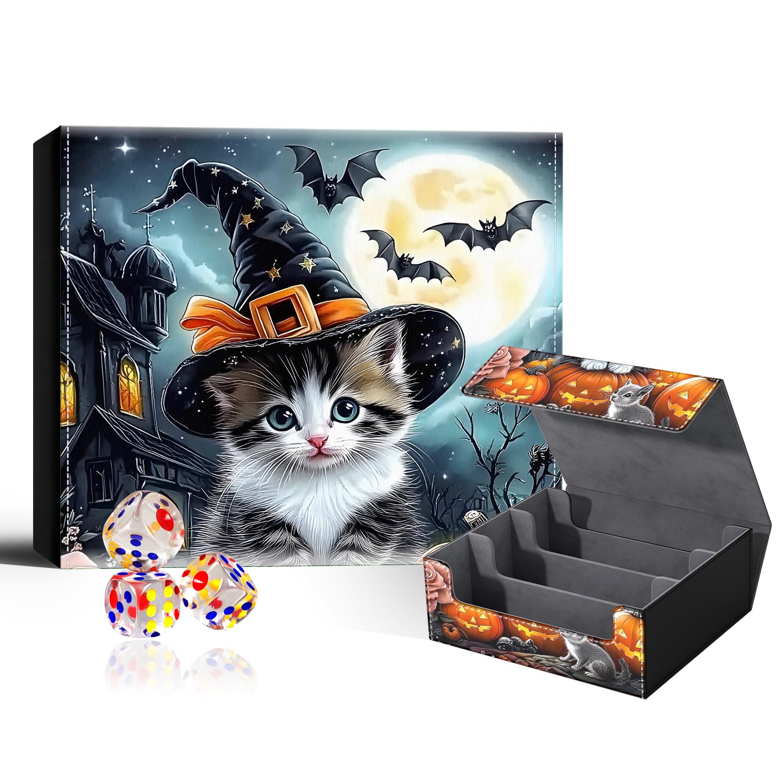 VOGDMKJG Trading Card Deck Box Fit 1800+ Single Sleeved Cards,PU Leather Magnetic Closure Card Storage Box With 3 Dice For MTG/TCG/PTCG/Magic/Sport Card Storage Case Large 3 ROW Design Pumpkin Cat