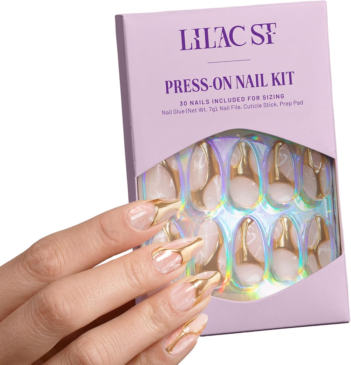 Lilac St - Press On Nails, Gold In My Veins (30 Nails, 15 Sizes) - Long, Almond, Glossy, Opaque - Brush On Nail Glue, Nail File, Cuticle Stick, Prep Pad - Reusable - Cruelty Free, Vegan, Women Founded