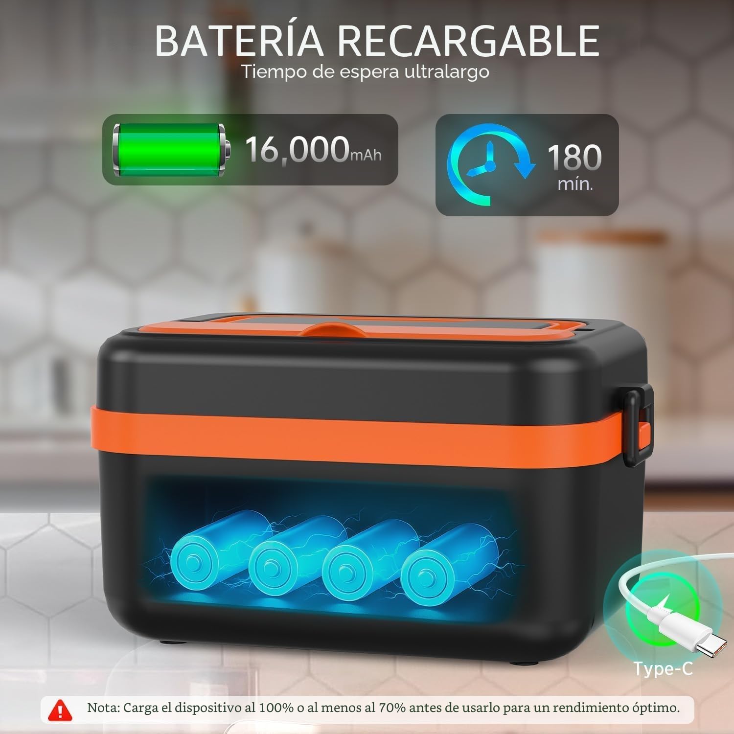 1 L cuenco calefactor, almuerzo caja calefactora para adultos con batería, recargable para almuerzo, caja eléctrica con temporizador y función, con vajilla de acero inoxidable y bolsa isotérmica