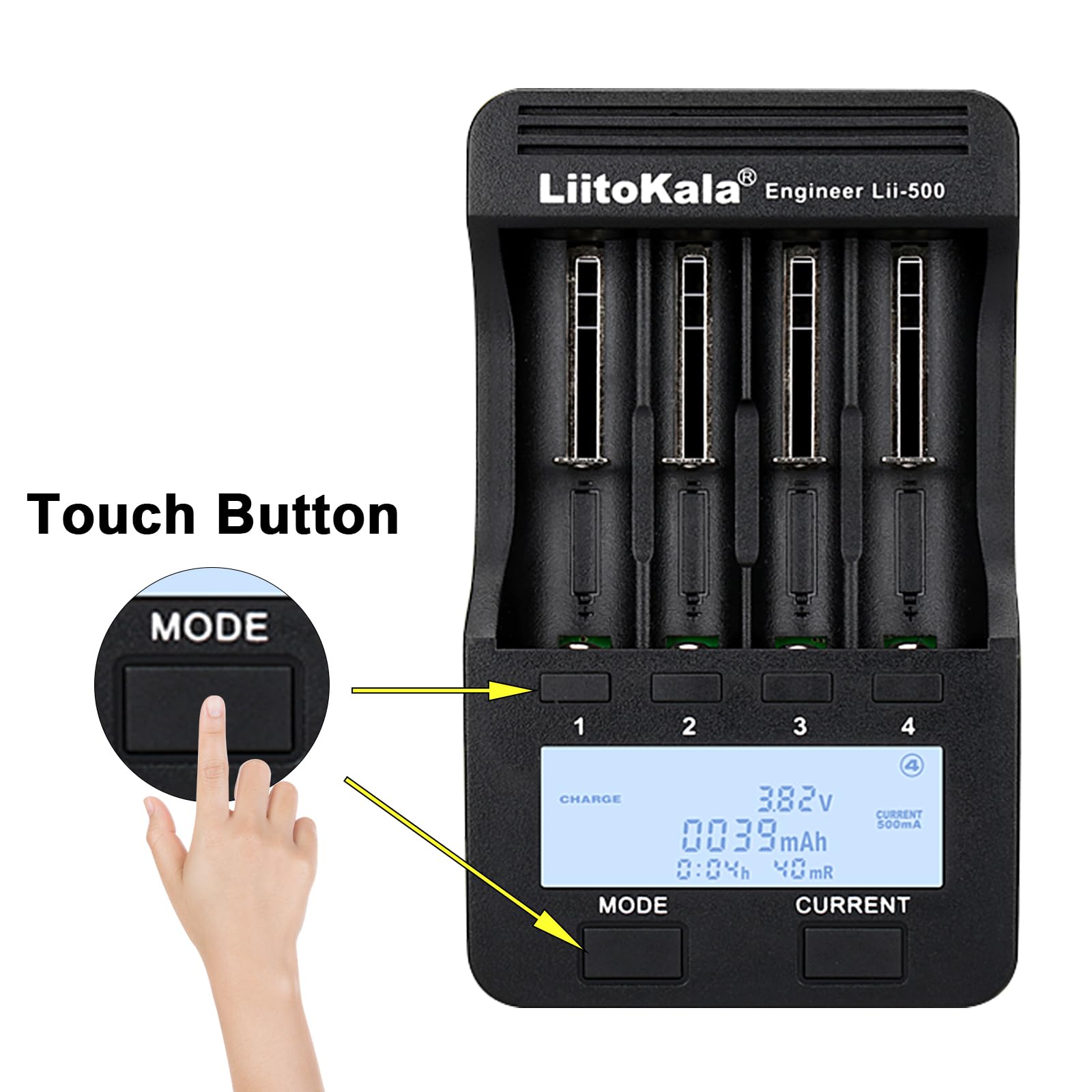 LiitoKala Lii-500 18650 4-Slot LCD Szybka uniwersalna inteligentna ładowarka do akumulatorów 26650 26700 21700 AA AAA przycisk dotykowy