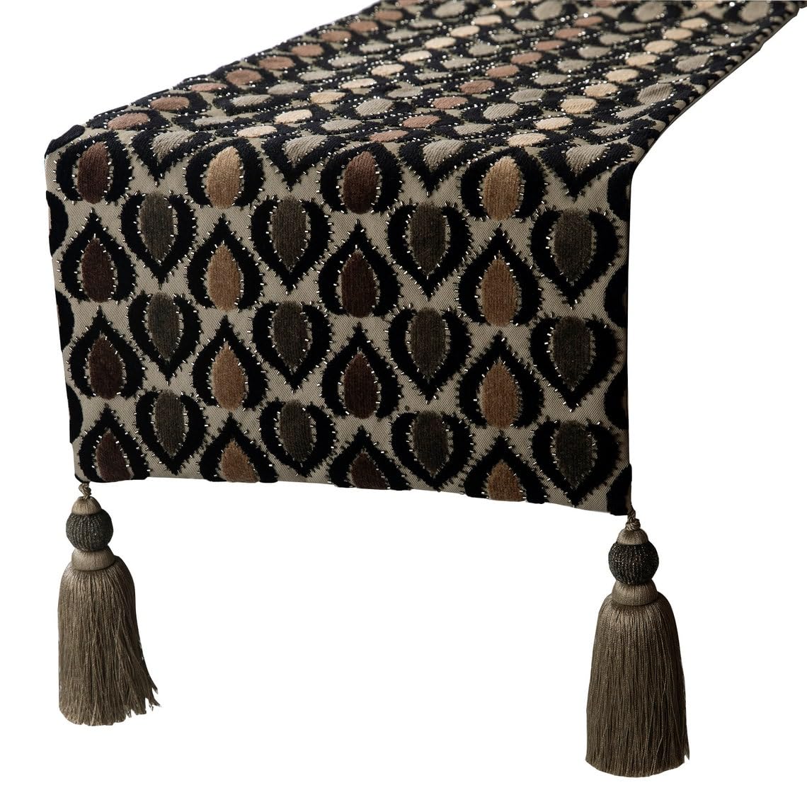 Velvet Decorative Table Runner, Luxury Textured Fabric with Bead Embroidery and Tassels, 35 x 300 cm Decor Designer Handmade Table Runner - Peacock Art Deco — image 1