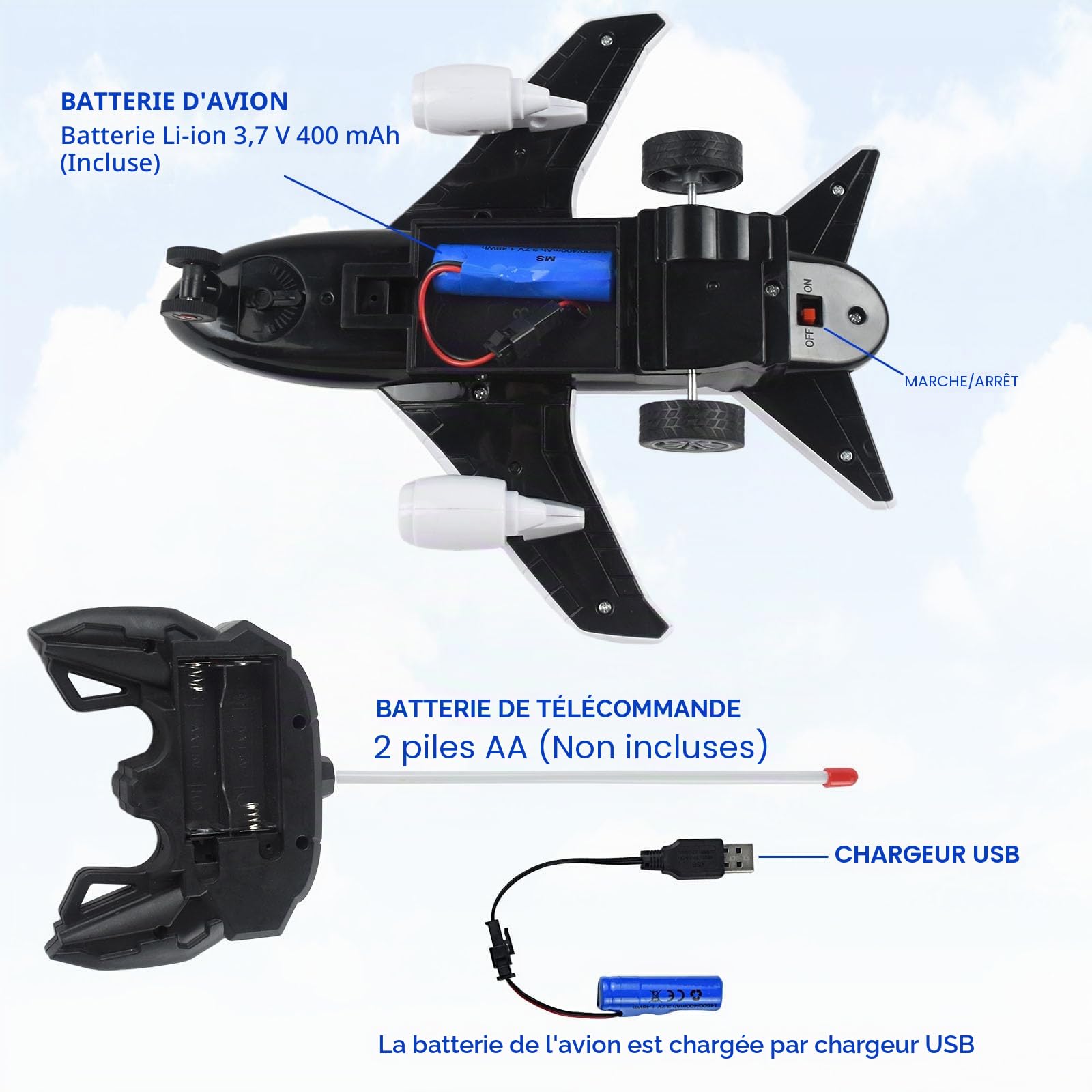 Avion jouet RC - Avion jouet télécommandé avec lumières LED clignotantes, jouets d'intérieur et d'extérieur fonctionne sur le sol, cadeau d'anniversaire pour enfants de 6 ans et plus