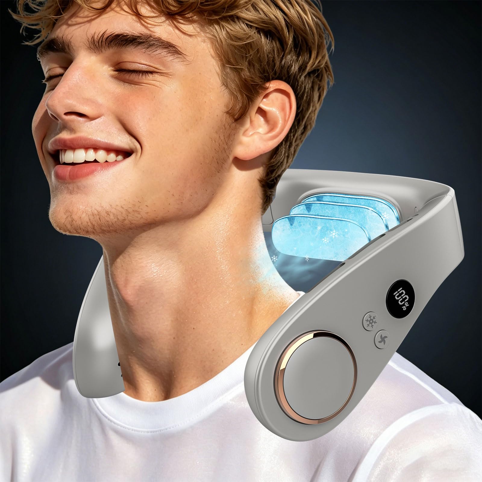 Ventilador de cuello con placa de refrigeración, pantalla LED de 5 velocidades y potencia, ventiladores potentes silenciosos de 24 horas que soplan aire frío, USB de 5500 mAh, enfriador de CA