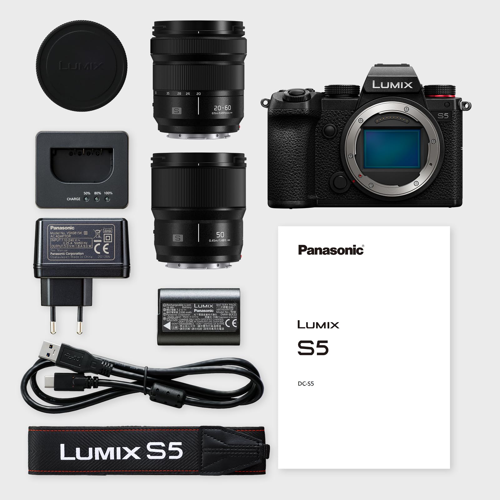 Panasonic LUMIX S DC-S5KCE-EG, fotocamera a pieno formato con due obiettivi: S-R2060 (20-60 mm, F3,5-5,6) e S-S50 (50 mm, F1,8)