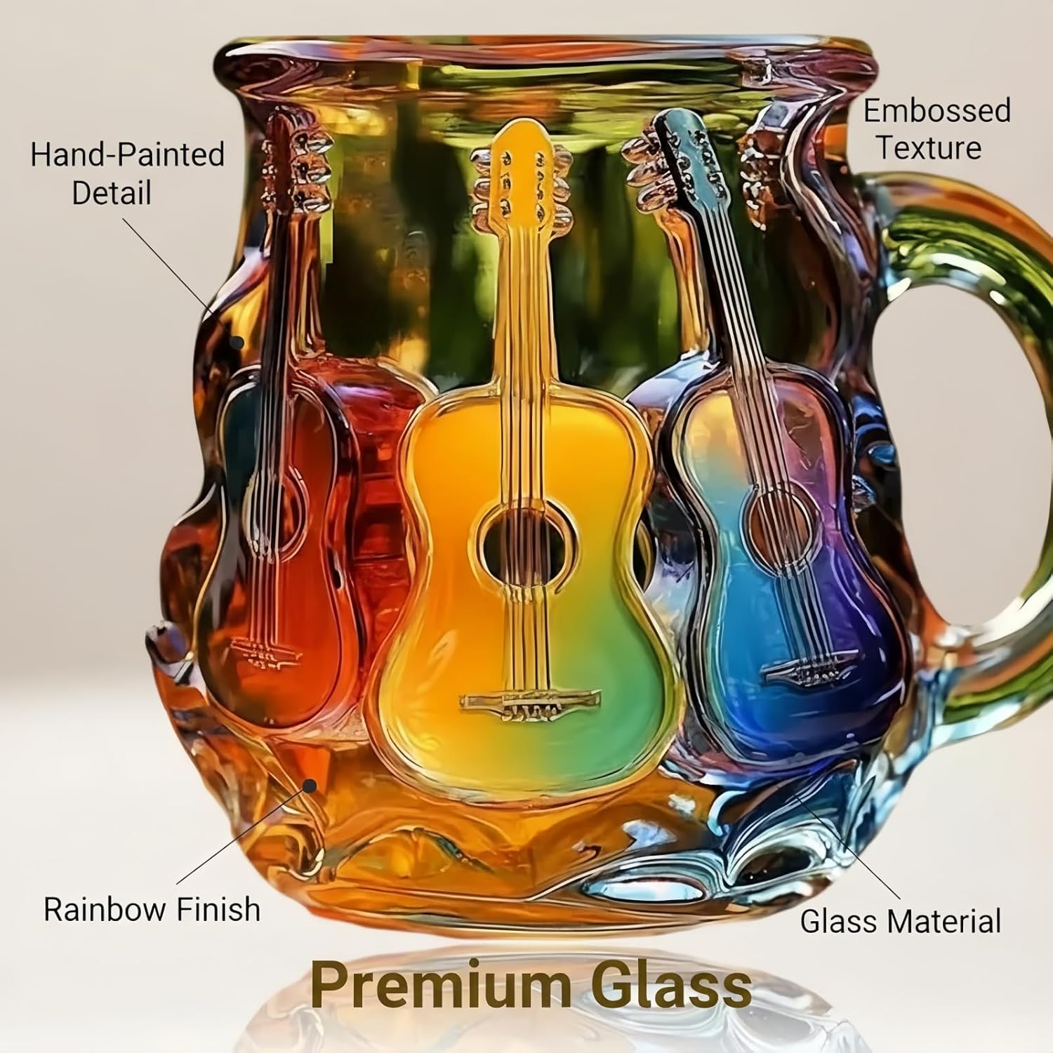 Hand drawn 3D guitar art glass coffee cup with exquisite coffee spoon, 15 ounce premium rainbow finish embossed texture cup, a unique gift suitable for both men and women - Image 5