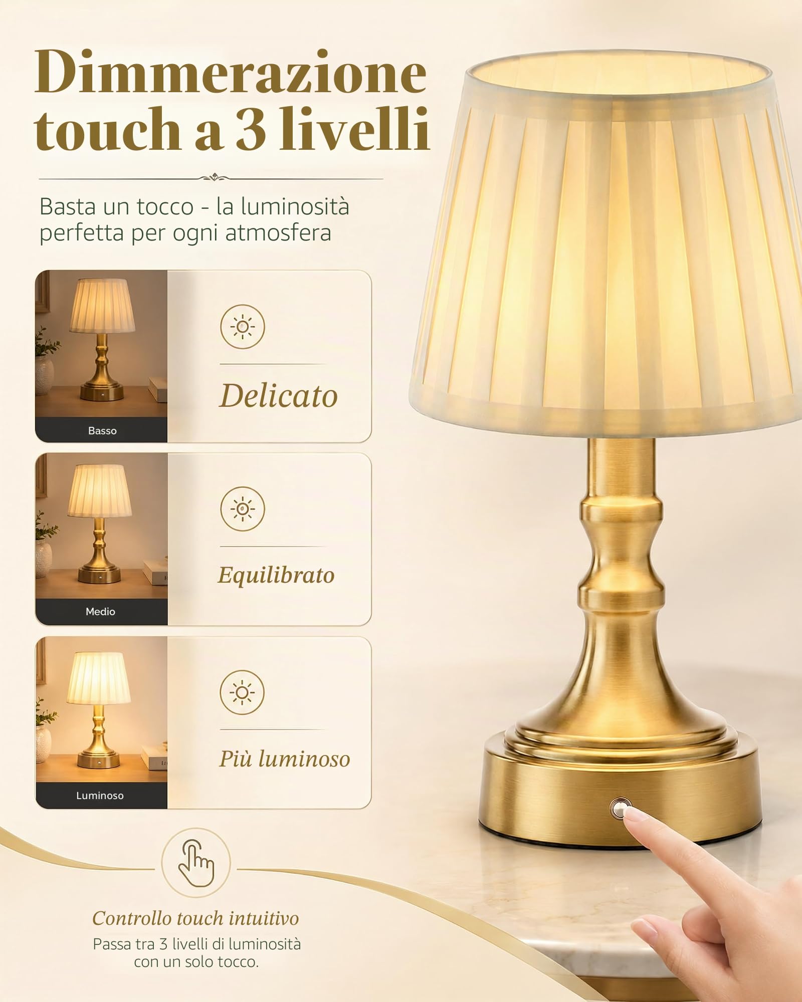 ACMHNC Lampada Tavolo Ricaricabile Dorata, Dimmerabile Touch, 2700K | Lampada da Comodino Senza Fili 4000 mAh, Paralume in Tessuto, Retrò per Camera, Soggiorno, Terrazza, Ristorante