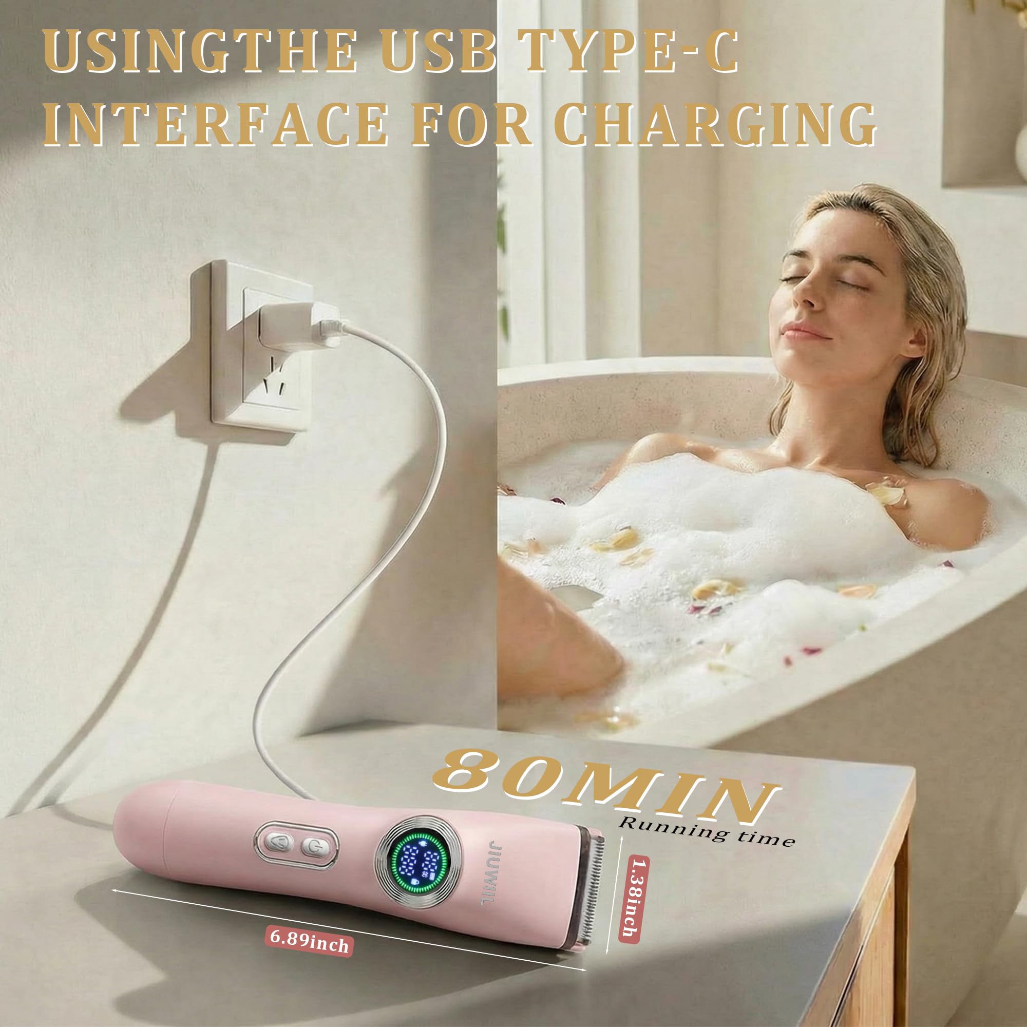 Bikini Trimmer für Frauen, JIUWIIL 2 in 1 Elektrorasierer für Frauen, IPX7 wasserdichter Elektrorasierer mit zwei Köpfen, Nass und Trockenrasierer für Körperbehaarung und Bikin (Rosa)