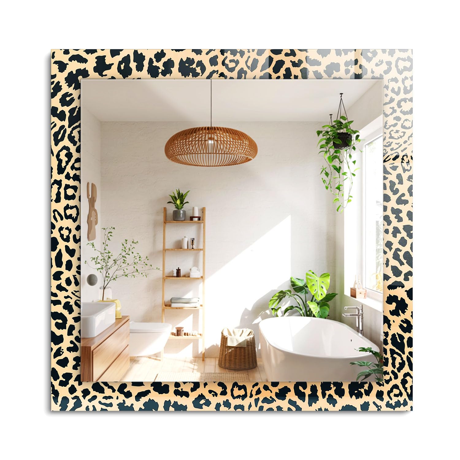 Specchio da Parete Decorativo 60x60 cm | Quadrato | Effetto Cornice Decorato | con Bordo in Vetro | per Soggiorno e Sala da Pranzo | Montaggio da Parete - Leopardo
