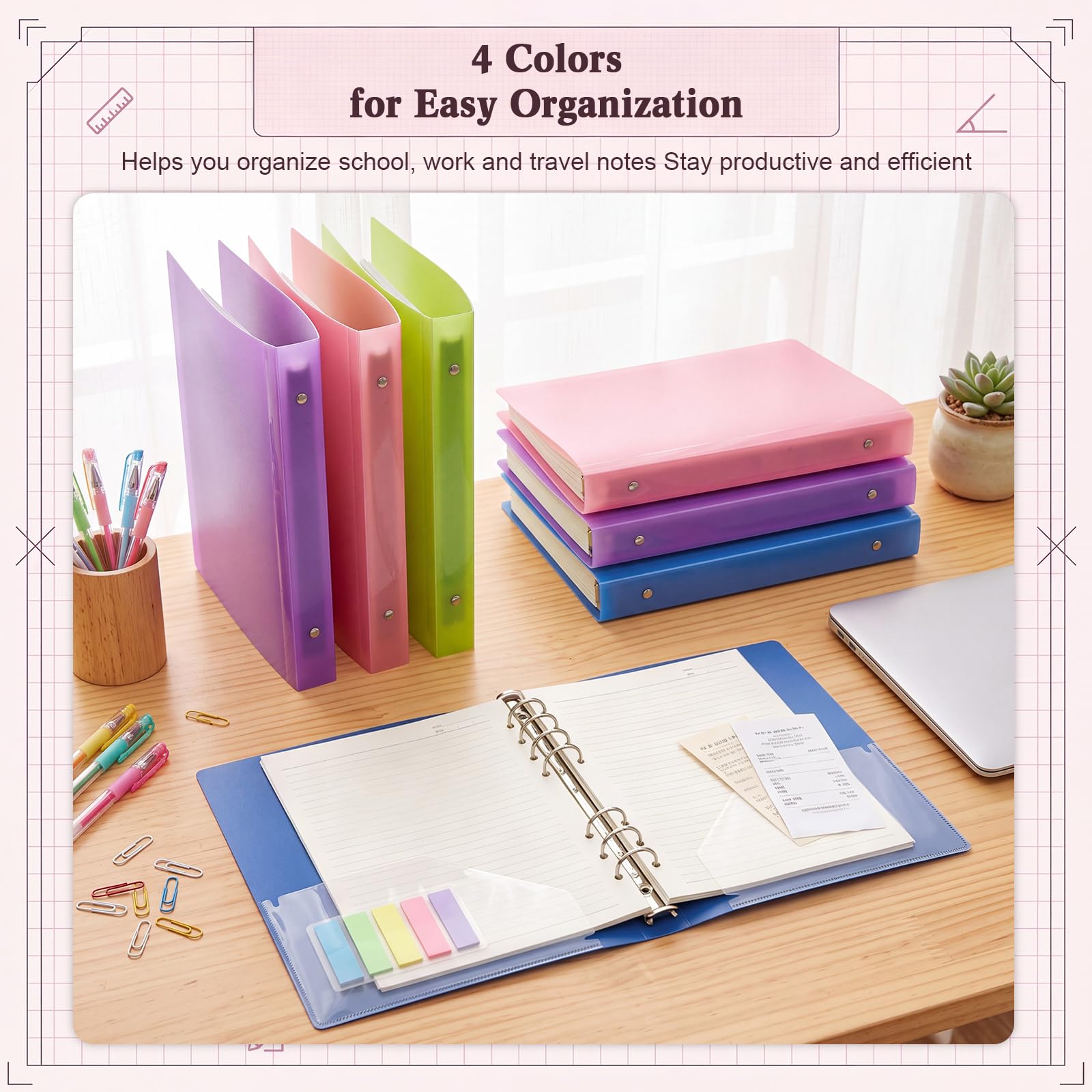 ReliThick Kleine Ordner für Halbbriefpapier, 21,6 x 14 cm, PP, 3-Ring-Mini-Ordner-Set, 225 Blatt, 2 transparente Taschen, Notizbuch-Organizer für Schulbedarf, Büro, Zuhause, Scrapbooking, 4 Farben, 16
