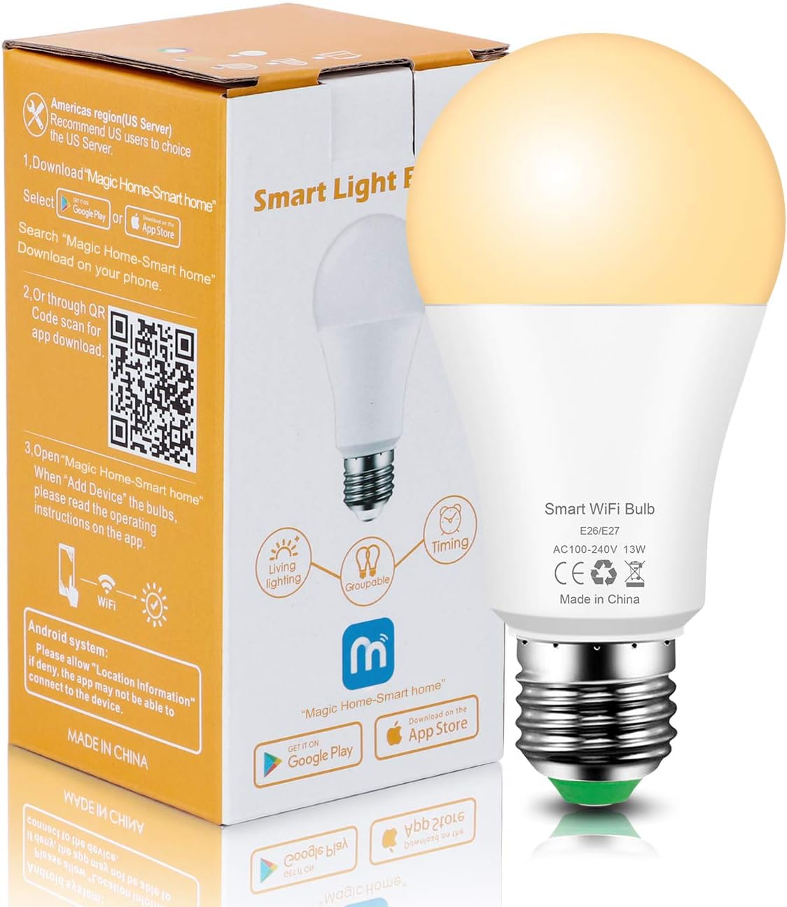 Smart Bulb 13W WiFi Light Bulbs Dimmable Soft White LED Bulb Work with Alexa, Google Home Assistant, No Hub Required, A19 E26, 100W Equivalent, 1050LM, 2700K