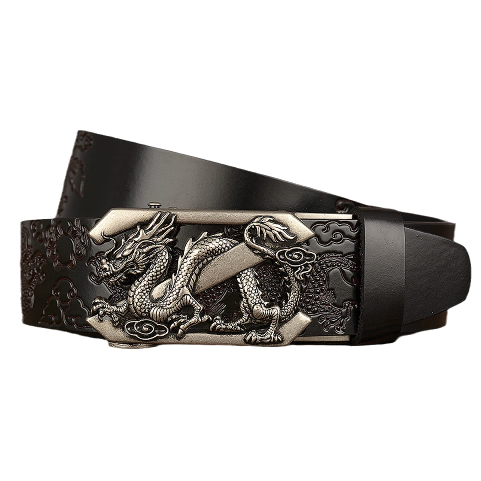 Vestido para hombre Jeans Cinturón Trinquete Automático Dragón deslizante Hebilla plateada Cuero en relieve Correas de cintura negras 1 3/8 "(35 mm)