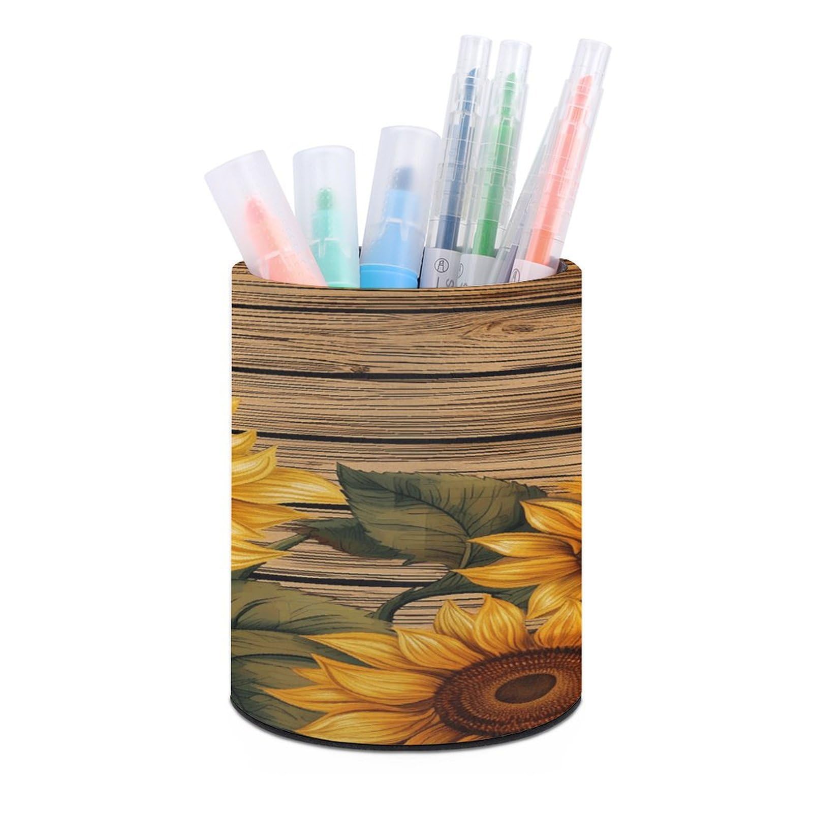 VstaDank Paint Wooden Board Sunflower Pen Holder PU Leather Pencil Cup Minimalist Desk Pencil Holder Round Make Up Brush Organizers For Office Dorm Room&Vanity Desk Accessories