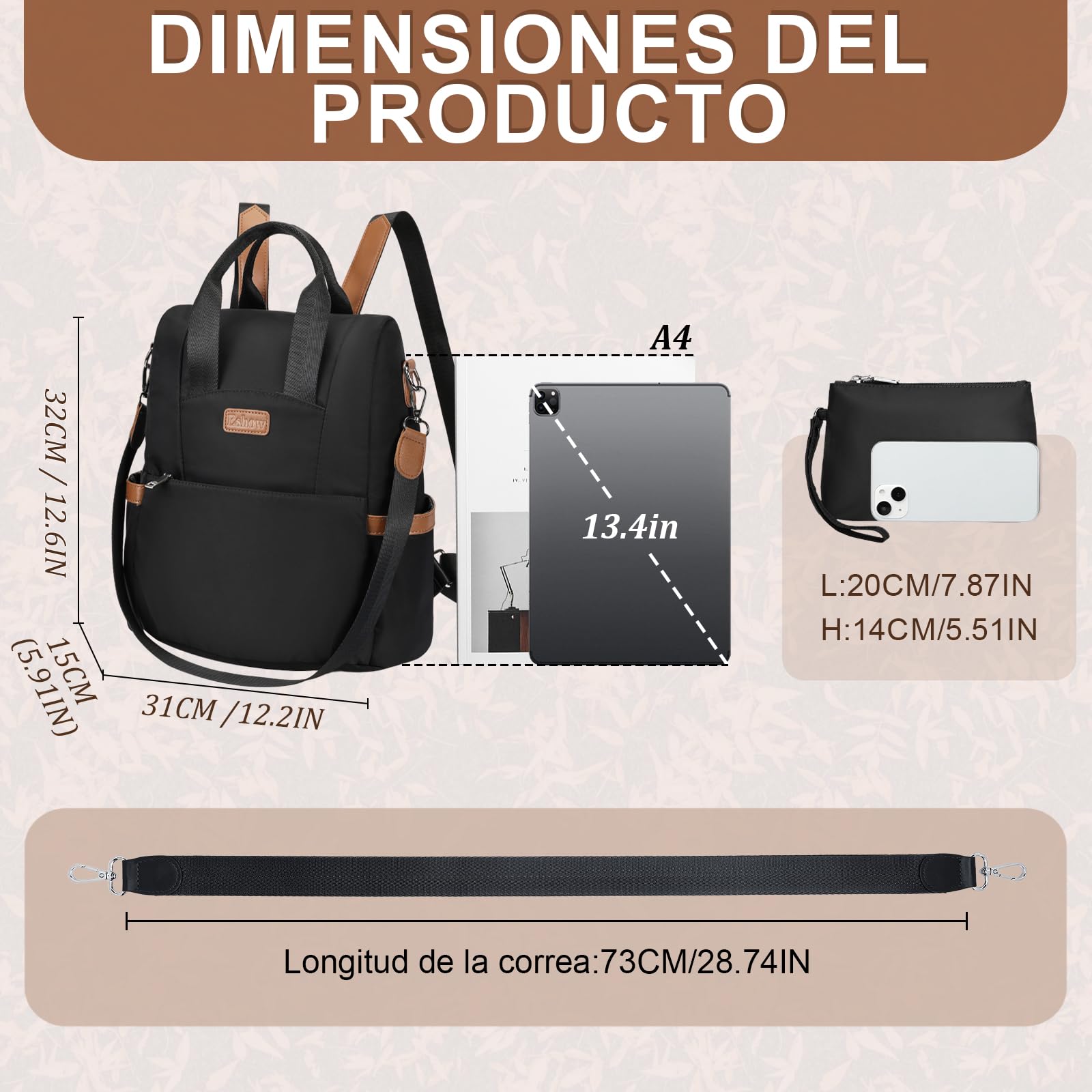Eshow Mochila Mujer Antirrobo, Bolso Casual con Correa Ajustable y Asa Superior, Bandolera Multifuncional para Uso Diario Trabajo Viaje Escuela Compras y Universidad Negra