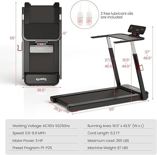 Miniatura 9 de Goplus 3HP Caminadora plegable con escritorio, cintas de correr plegables Superfit para oficina en casa, altura ajustable, altavoz Bluetooth,